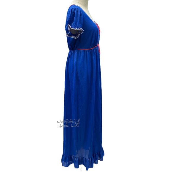 Vintage Lorraine Blue Boho Maxi Dress w/ Embroidered Trim & Ruffle Hem - Picture 6 of 7